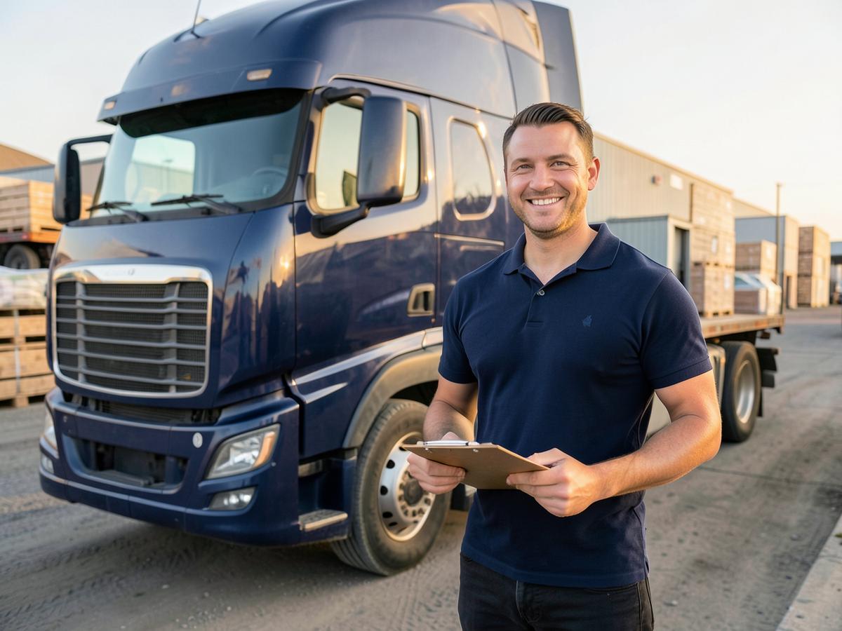 Truck driver holding a clipboard beside a truck